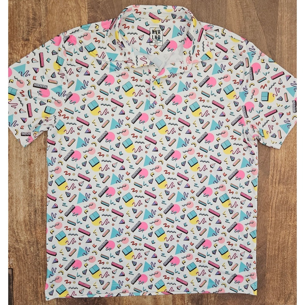 NVRLND Golf Polo Men L Multicolor Performance Stretch Saved By Bell Inspired 90s